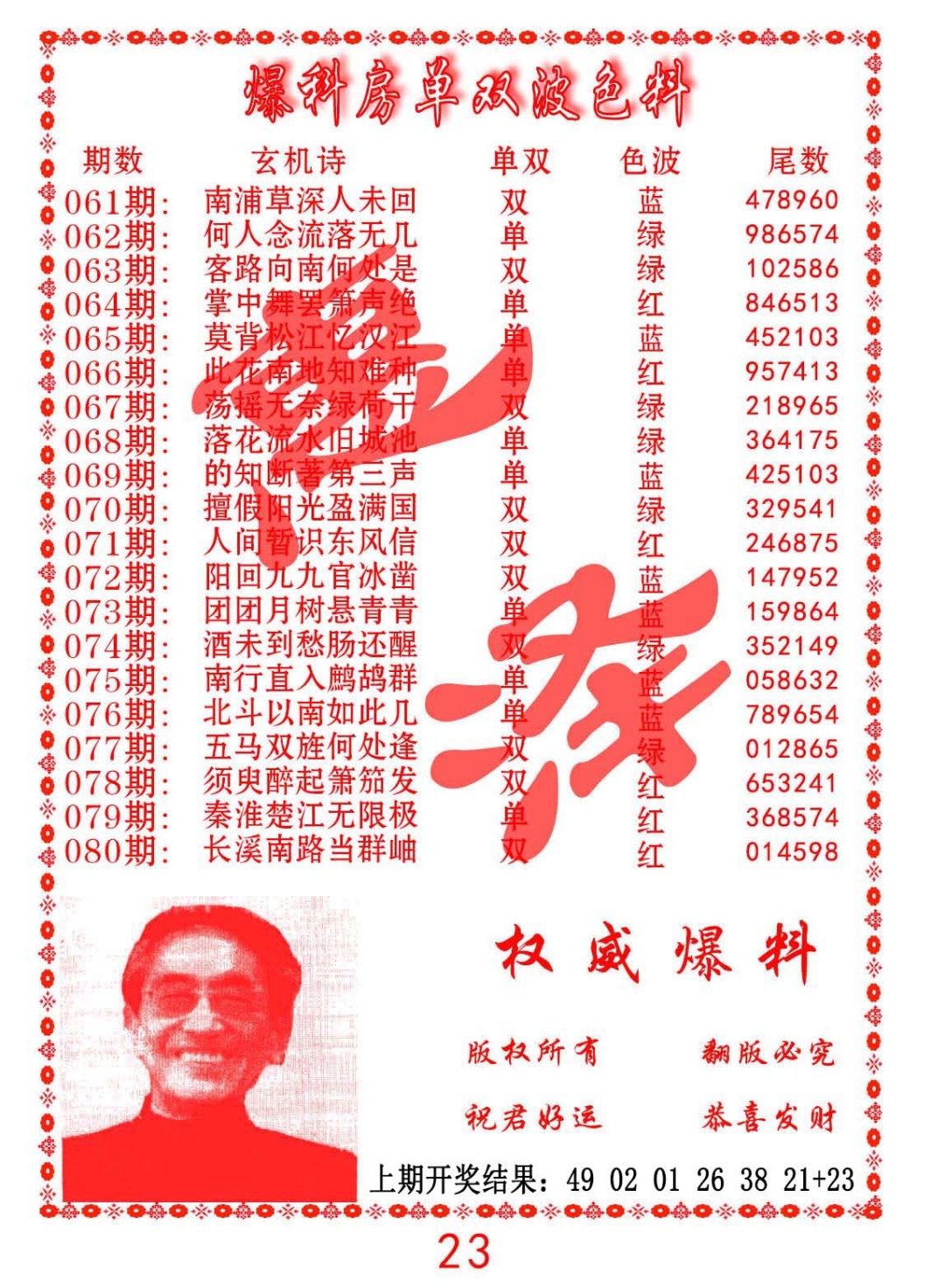 069期爆料房单双波色料[图]